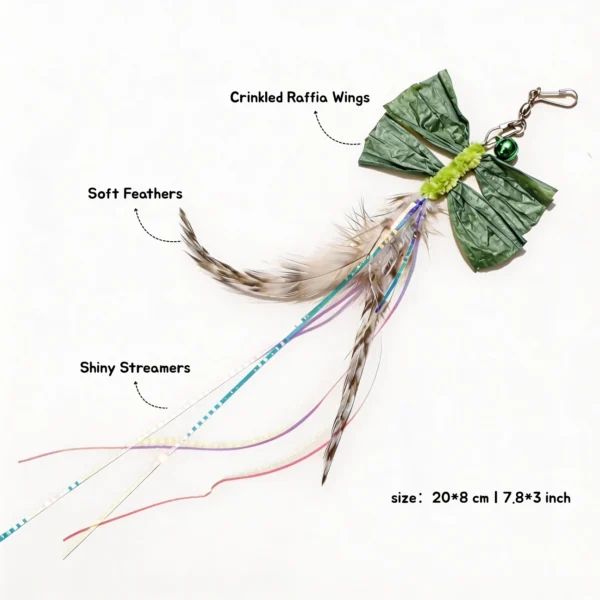 Forest Green Raffia Dragonfly Cat Wand Replacement showing crinkled raffia wings, soft feathers, shiny streamers, bell, and clip.