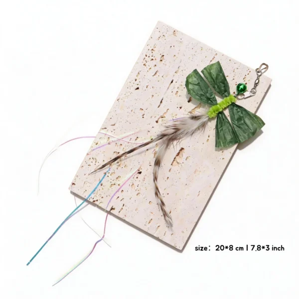 Forest Green Raffia Dragonfly Cat Wand Replacement with green crinkled raffia wings, feathers, shiny streamers, bell, and metal clip.