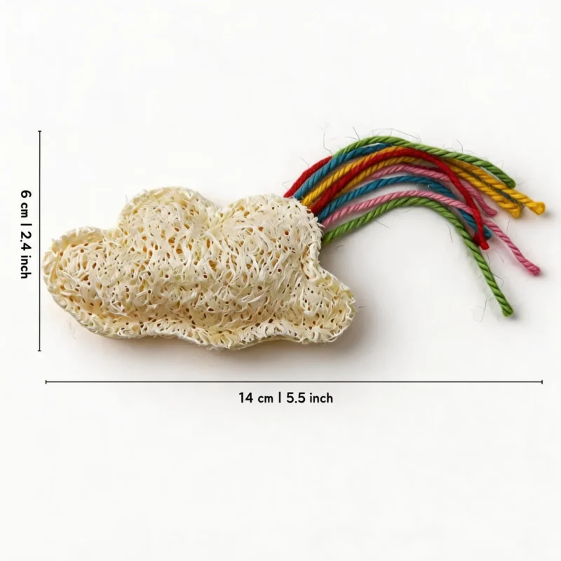 Rainbow Cloud Natural Loofah Cat Chew Toy Size Rainbow Cloud Natural Loofah Cat Chew Toy measuring 14 cm by 6 cm with colorful rope tails for solo chew and kick play.