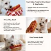 White dog playing with a Hot Dog Snuffle Plush Dog Toy, showing treat hiding for brain boost, slow feeding, fetch play, bonding, and cozy snuggle time.