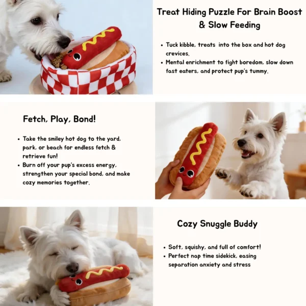 White dog playing with a Hot Dog Snuffle Plush Dog Toy, showing treat hiding for brain boost, slow feeding, fetch play, bonding, and cozy snuggle time.