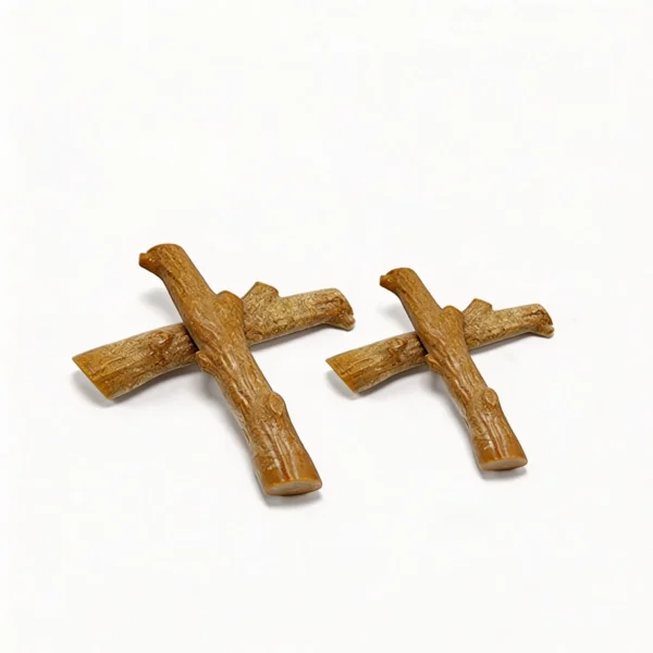 SafeStick Branch Dog Chew Toy in Small Mini Trail Twig and Large Big Backyard Branch sizes on a white background.