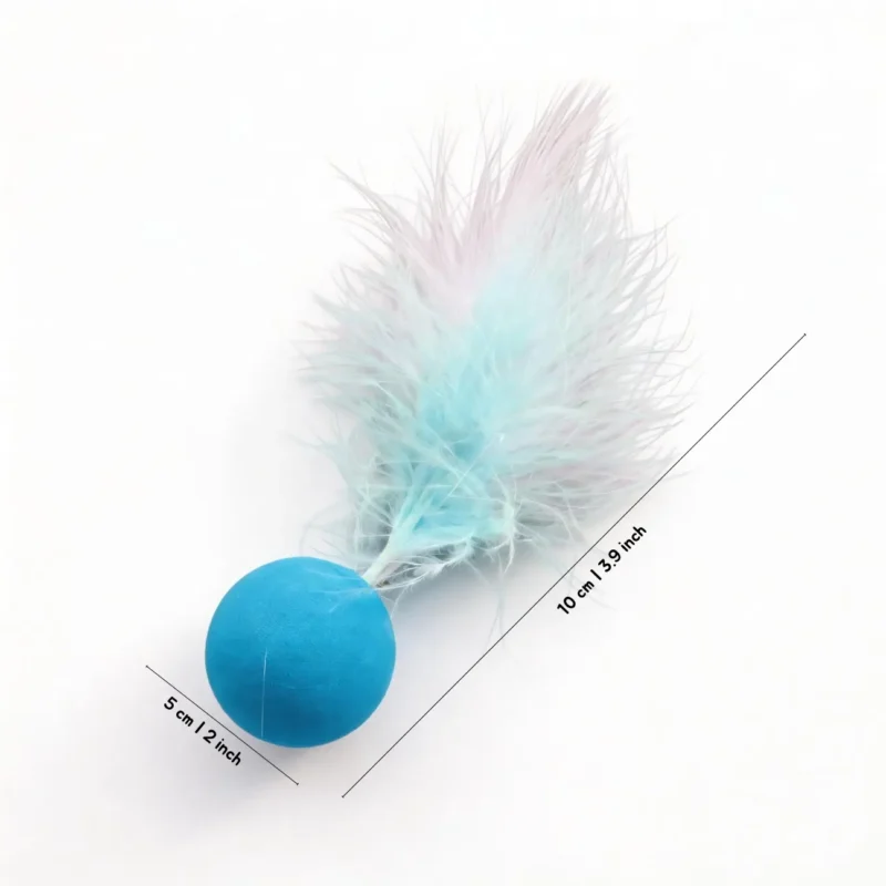 Light Blue Ball and Blue Feather Bounce Ball Cat Toy with fluttering feather tail for indoor cats