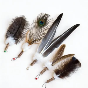 Close-up of Wild Feather and Silvervine Cat Wand Replacement refills made with natural feathers, soft bunny fur, and silvervine for indoor cat enrichment.