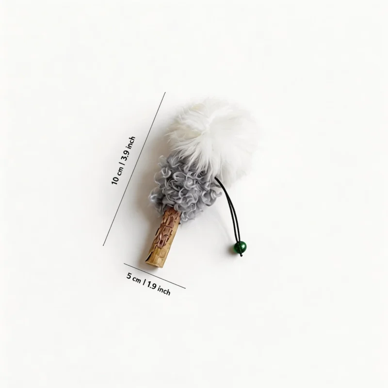 Ash Silvervine Fluffy Lollipop Cat Chew Toy Size Ash Silvervine Fluffy Lollipop Cat Chew Toy with white rabbit fur top, gray curly texture, natural silvervine chew stick, and 10 cm size guide.