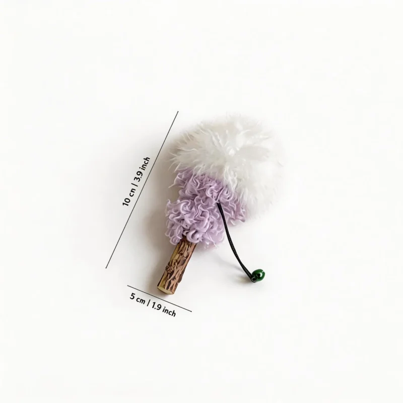 Lavender Silvervine Fluffy Lollipop Cat Chew Toy Size Lavender Silvervine Fluffy Lollipop Cat Chew Toy with fluffy white rabbit fur, soft lavender texture, natural silvervine stick, and 10 cm size guide.
