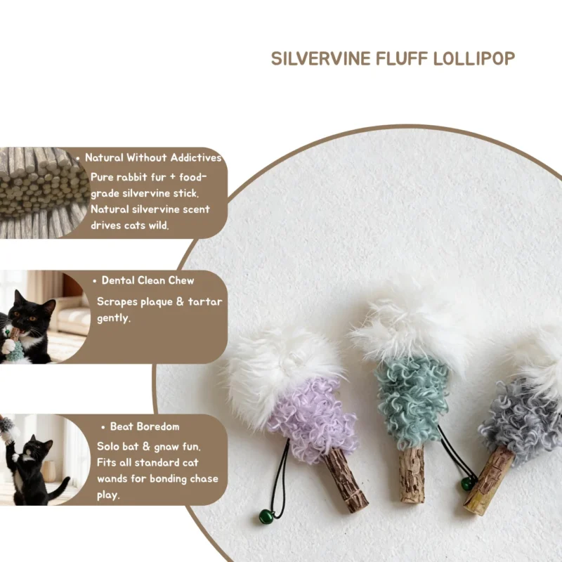 Silvervine Fluffy Lollipop Cat Chew Toy Benefits Silvervine Fluffy Lollipop Cat Chew Toy infographic showing rabbit fur, natural silvervine stick, dental chew support, and boredom-busting cat play.