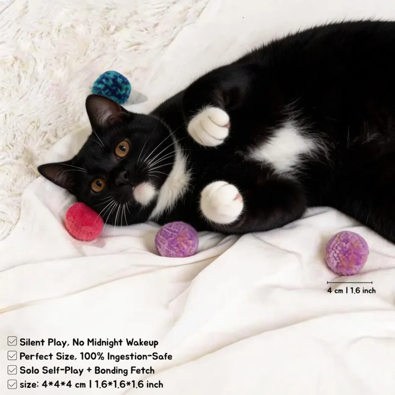 Boxed Soft Yarn Pom Pom Silent Cat Toy Balls 6 Pack with colorful plush balls for solo cat play and fetch