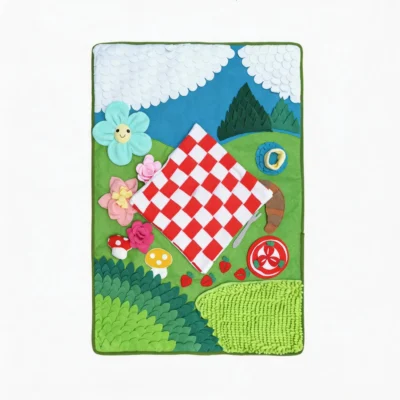 Spring Picnic Snuffle Foraging Mat Spring Picnic Snuffle Foraging Mat with red picnic blanket, flowers, grass, mushrooms and treat hiding areas for dogs