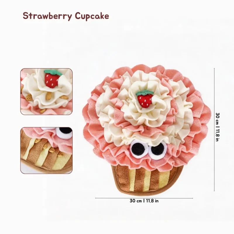 Strawberry Cupcake Bakery Bites Snuffle Foraging Mat Strawberry Cupcake Bakery Bites Snuffle Foraging Mat with fluffy layered folds for hiding treats and encouraging mental enrichment.