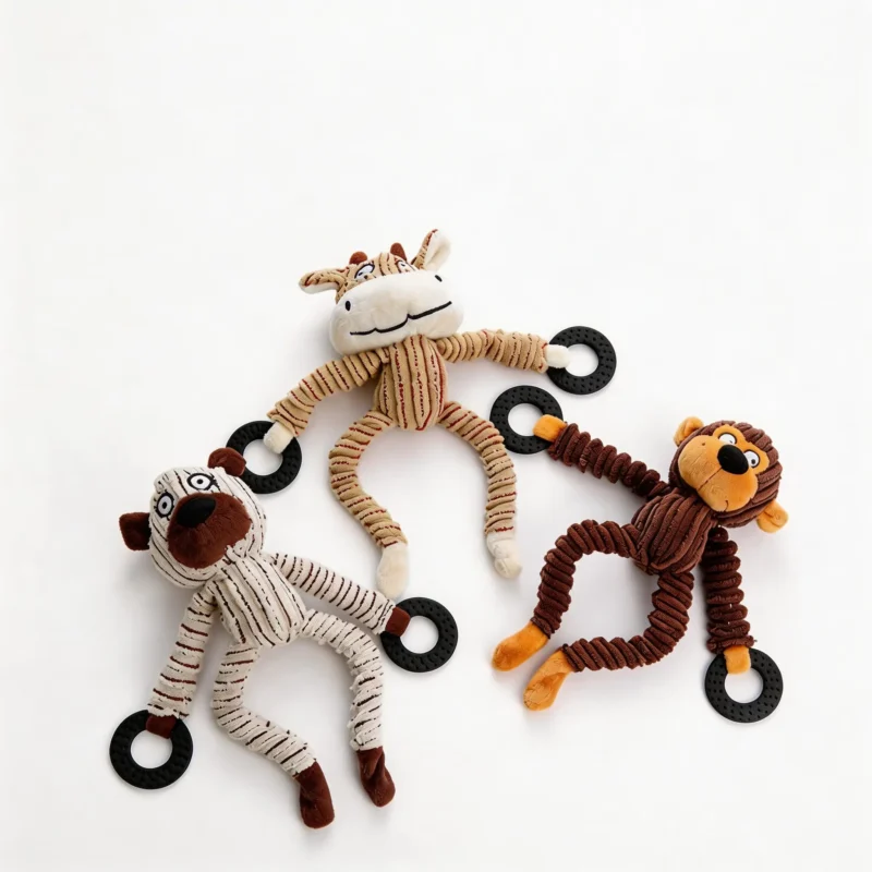 Floppy Critter Chew Ring Plush Dog Toy Set Floppy Critter Chew Ring Plush Dog Toy set featuring Cozy Bear, Silly Moo Cow, and Mischief Monkey designs with black chew rings.
