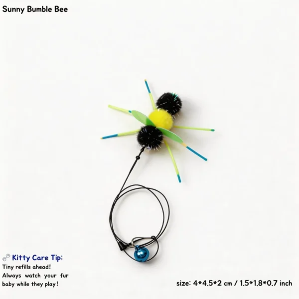 Sunny Bumble Bee cat wand replacement with soft silicone antennae, fuzzy body, green wings, and blue bell