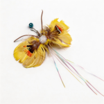 sunny-butterfly-feather-cat-wand-replacement Sunny Butterfly Feather Cat Wand Replacement with yellow feather wings, peacock antennae, bell, and rainbow streamers.