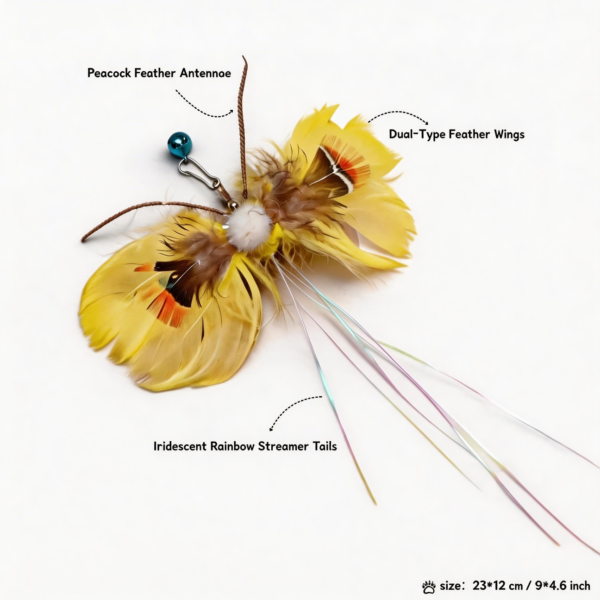 Labeled Sunny Butterfly Feather Cat Wand Replacement showing peacock feather antennae, dual-type wings, and rainbow streamer tails.