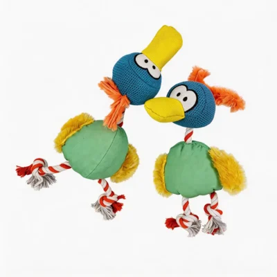 ToucanTuff Tug & Chew Plush Rope Dog Toy with a colorful toucan design, plush body, textured mesh head, and knotted rope legs for tug play.
