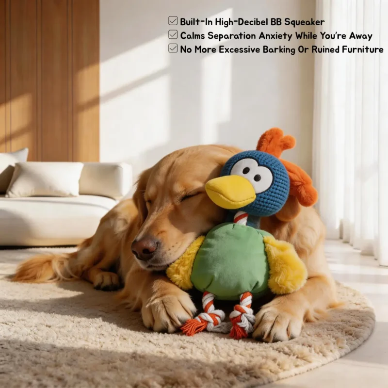 ToucanTuff Tug & Chew Plush Rope Dog Toy size Comfort Play Golden retriever cuddling the ToucanTuff Tug & Chew Plush Rope Dog Toy with a built-in squeaker for comfort, boredom relief, and gentle play.