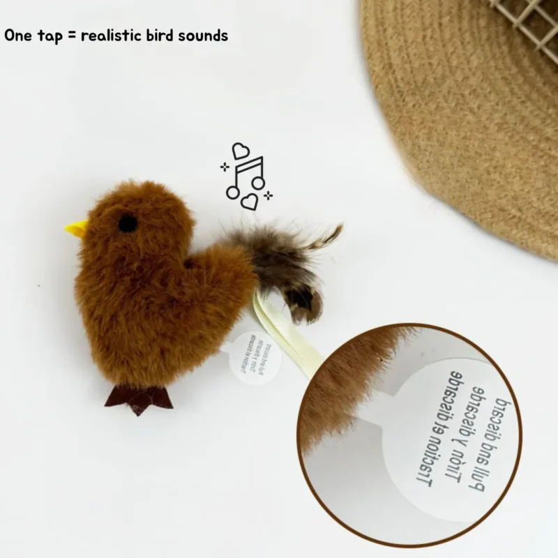Cinnamon Finch Chirpy Bird Tap-Activated Plush Cat Toy with feather tail and pull tag, showing the feature text “One tap = realistic bird sounds.”