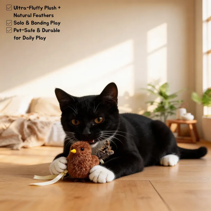 Black cat playing with Cinnamon Finch Chirpy Bird tap-activated plush cat toy with soft feathers and ribbons