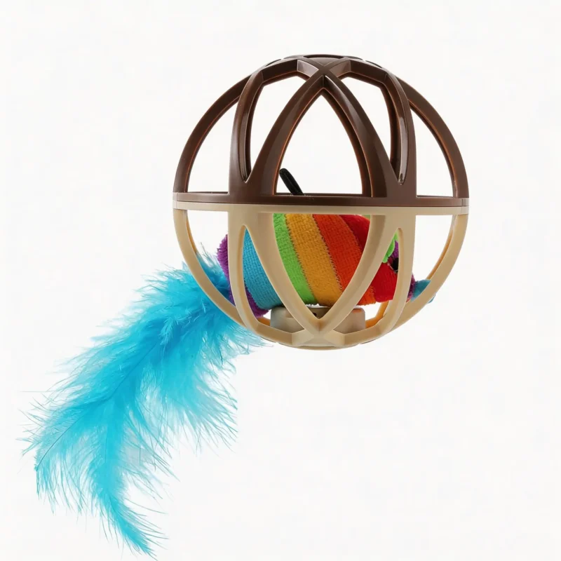 Touch activated Chirping Mouse Cage Ball Interactive Cat Toy Close-up of Touch Activated Chirping Mouse Cage Ball with rainbow plush mouse and blue feather tail inside cage