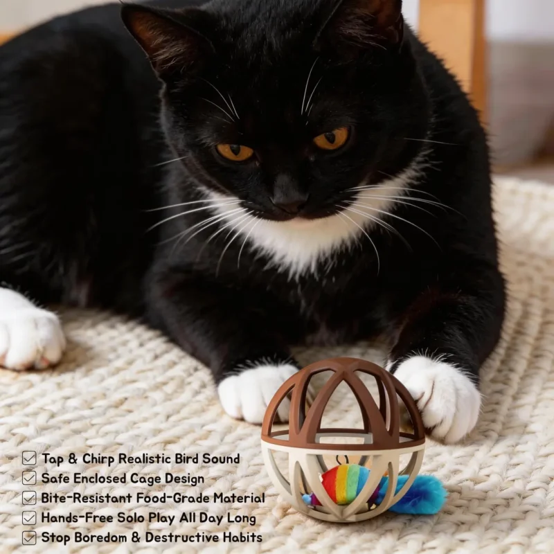 Touch Activated Chirping Mouse Cage Ball for Solo Cat Play Touch Activated Chirping Mouse Cage Ball for indoor cats with realistic chirping sound and enclosed cage design
