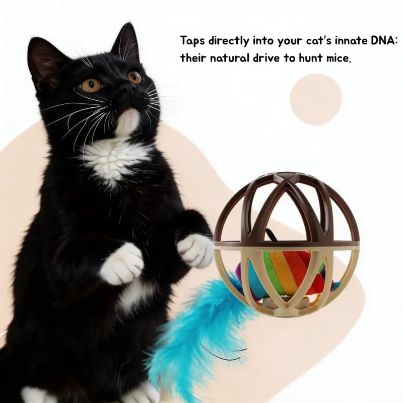 Touch Activated Chirping Mouse Cage Ball Cat Hunting Toy Cat reaching for Touch Activated Chirping Mouse Cage Ball designed to spark natural mouse-hunting instincts
