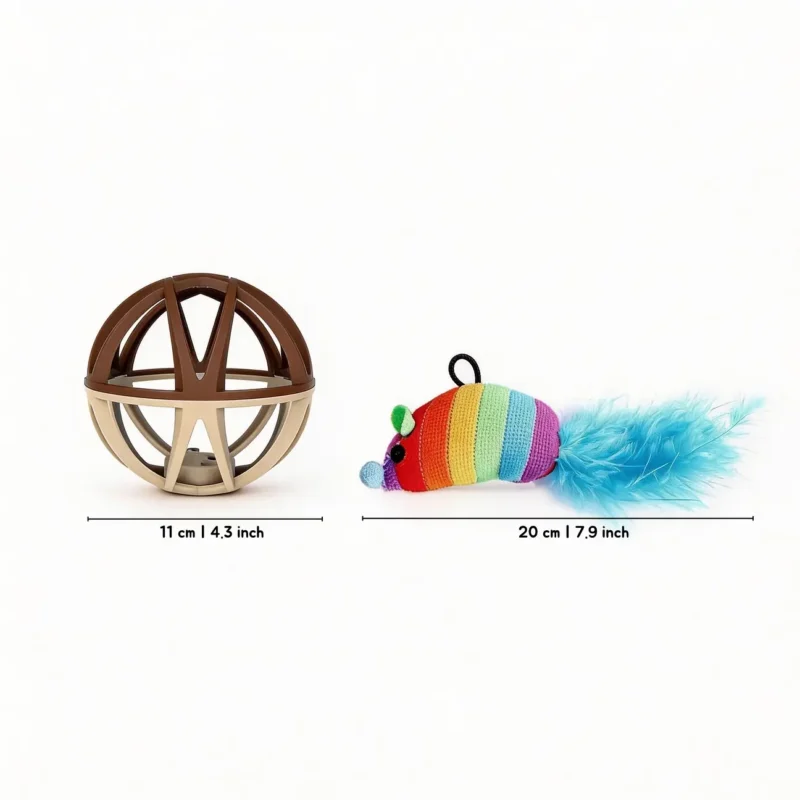Touch Activated Chirping Mouse Cage Ball Size Chart Size chart for Touch Activated Chirping Mouse Cage Ball showing an 11 cm / 4.3 inch cage ball and a 20 cm / 7.9 inch plush mouse.
