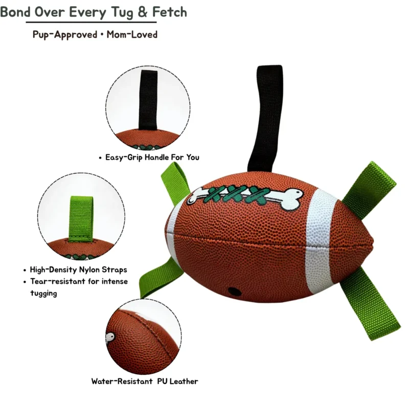 Inflatable Floating Football Tug Dog Toy Details Inflatable Floating Football Tug Dog Toy with easy-grip handle, nylon straps, and water-resistant PU leather
