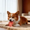 Corgi chewing Milky Wax Apple Treat-Dispensing Natural Rubber Dog Chew Toy for indoor enrichment play