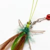 Close-up of Wiggle Mantis Cat Wand Replacement showing glossy green body, fuzzy texture, feather wings, and bell clip
