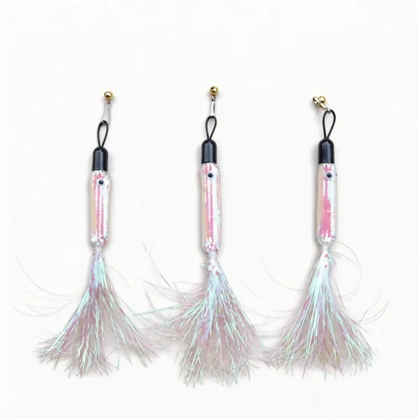 Woolie Shimmer Fish Cat Wand Replacement displayed from multiple angles with holographic fish scales, jingle bell, and flowing crinkle tail.