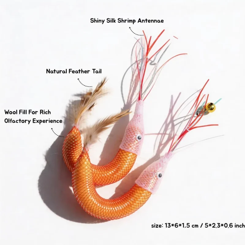 Orange Wooly Shrimp Cat Wand Replacement on a white background, featuring shiny silk shrimp antennae, a natural feather tail, wool fill for a rich olfactory experience, bell clip, and 13 x 6 x 1.5 cm size.