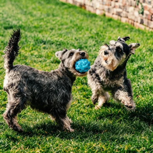 Two small dogs playing outdoors with the Poolside Blue Bamboo Texture Dog Chew Ball, showing the textured ball for fetch, chewing, and active play.