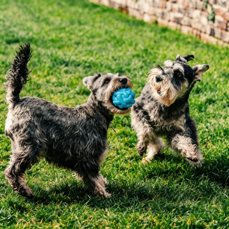 Poolside Blue Bamboo Texture Dog Chew Ball for Outdoor Play Two small dogs playing outdoors with the Poolside Blue Bamboo Texture Dog Chew Ball, showing the textured ball for fetch, chewing, and active play.