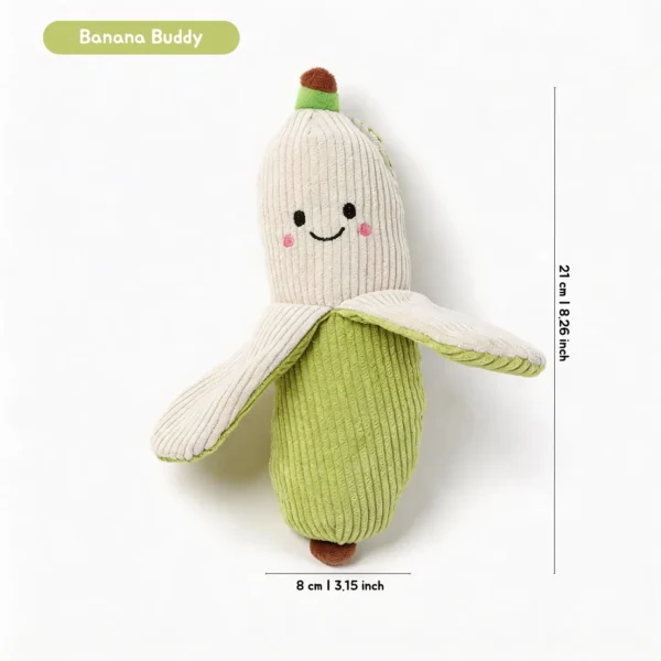 Banana Buddy crinkle plush dog toy with soft ribbed corduroy texture, measuring about 8.26 inches long.
