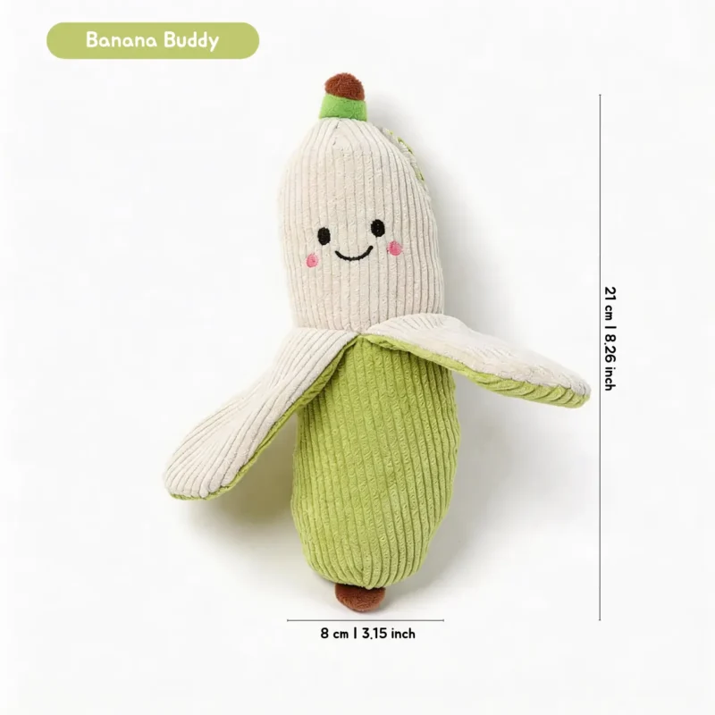 Banana Buddy Veggie Pals Crinkle Plush Dog Toy Size Detail Banana Buddy crinkle plush dog toy with soft ribbed corduroy texture, measuring about 8.26 inches long.