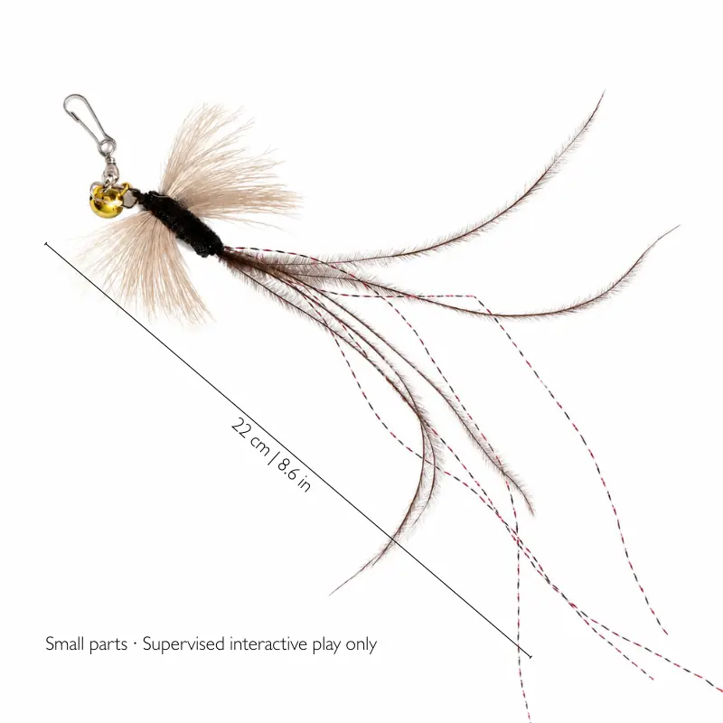 Black long-tail flying insect cat wand toy attachment with ostrich plume, red tinsel, bell, and 22 cm size guide.