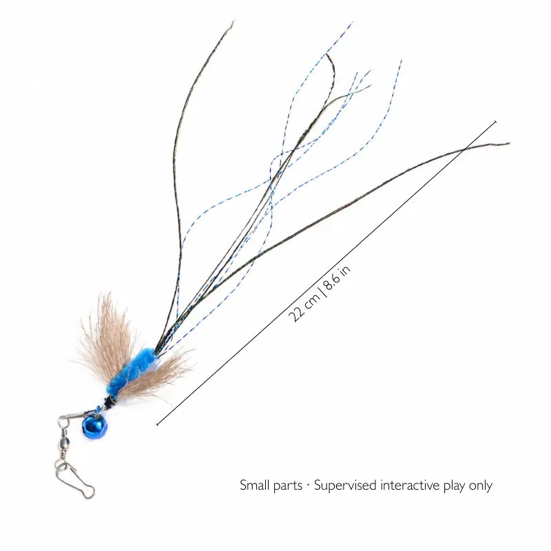 Blue long-tail flying insect cat wand toy attachment with peacock feathers, blue tinsel, bell, and 22 cm size guide.