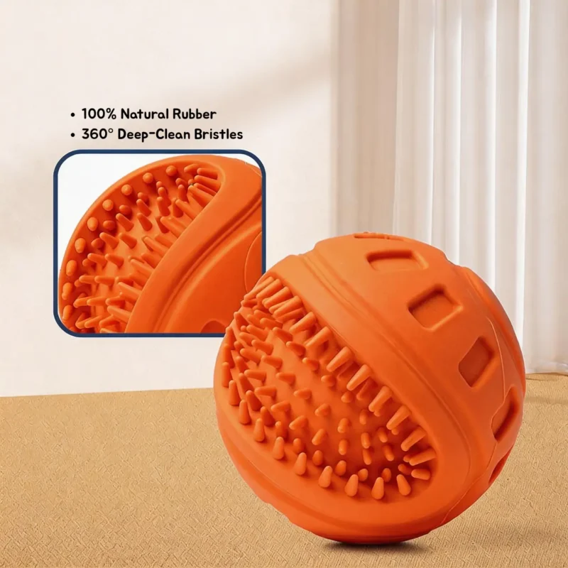 BriteBite Squeaky Textured Rubber Dog Chew Ball Detail BriteBite Squeaky Textured Rubber Dog Chew Ball shown with 3.35 inch size for small and medium dogs
