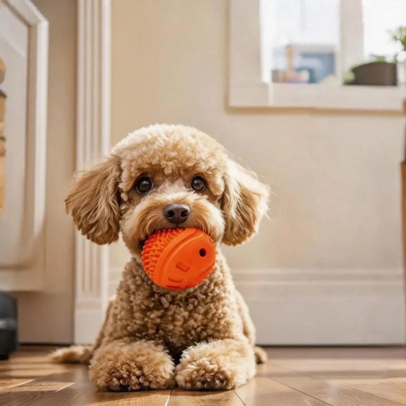 BriteBite Squeaky Textured Rubber Dog Chew Ball for Small Dog Play Small poodle holding the BriteBite Squeaky Textured Rubber Dog Chew Ball for indoor chewing and fetch play