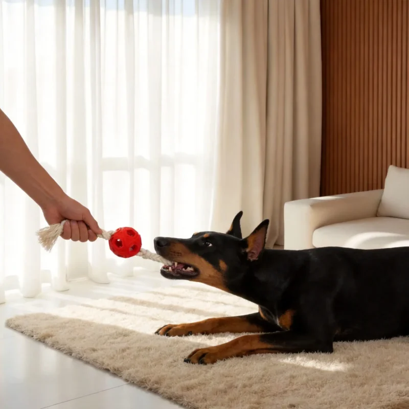 Doberman playing tug indoors with the BriteTug Rope Dog Chew Ball, showing the red rubber ball and cotton rope ends for interactive chewing and pulling.
