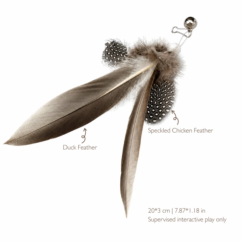 brown-longtail-cat-wand-replacement-duck-feathers Brown Longtail cat wand replacement made with broad brown duck feathers and speckled chicken feathers, shown with a bell and 20 × 3 cm dimensions.