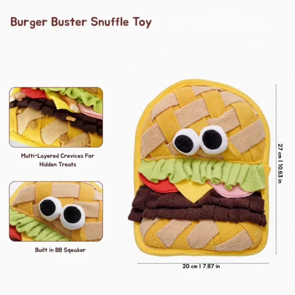 Burger Fast Food Snuffle Mat Dog Toy, shown as a Burger Buster Snuffle Toy with multi-layered crevices for hidden treats, built-in BB squeaker, and 20 x 27 cm size.