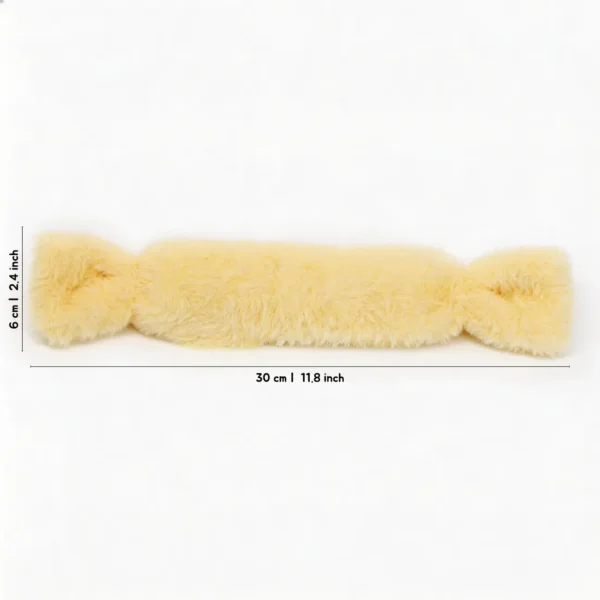 Buttercream Bunny Candy Rabbit Fur Candy Cat Kicker Pillow in soft yellow plush, shown with size labels of 30 cm / 11.8 in long and 6 cm / 2.4 in tall.