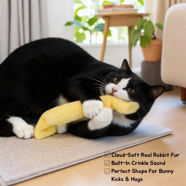 Black-and-white cat hugging and biting the Buttercream Bunny Candy Rabbit Fur Candy Cat Kicker Pillow, with cloud-soft rabbit fur, built-in crinkle sound, and a shape made for bunny kicks and hugs.