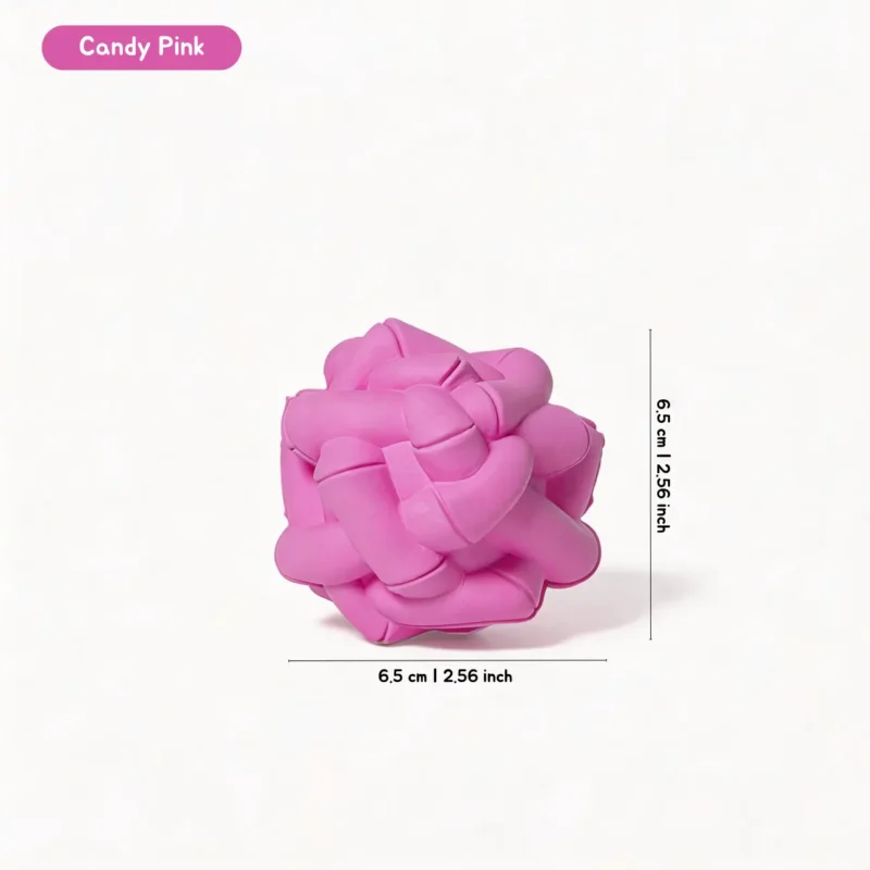 Candy Pink Bamboo Texture Dog Chew Ball Size Detail Candy Pink Bamboo Texture Dog Chew Ball with a knotted geometric shape, raised chew texture, and 6.5 x 6.5 cm size.
