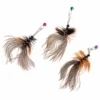 Three handmade cat feather wand replacement attachments with fluffy gray ostrich plumes, brown chicken feathers, metal clips, and colored bells.