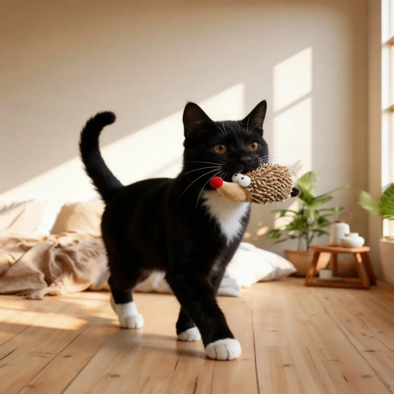 Black-and-white cat carrying the Chenille Hedgehog Cat Kicker Toy in a sunny room, showing the soft hedgehog shape sized for chasing, biting, and indoor play.