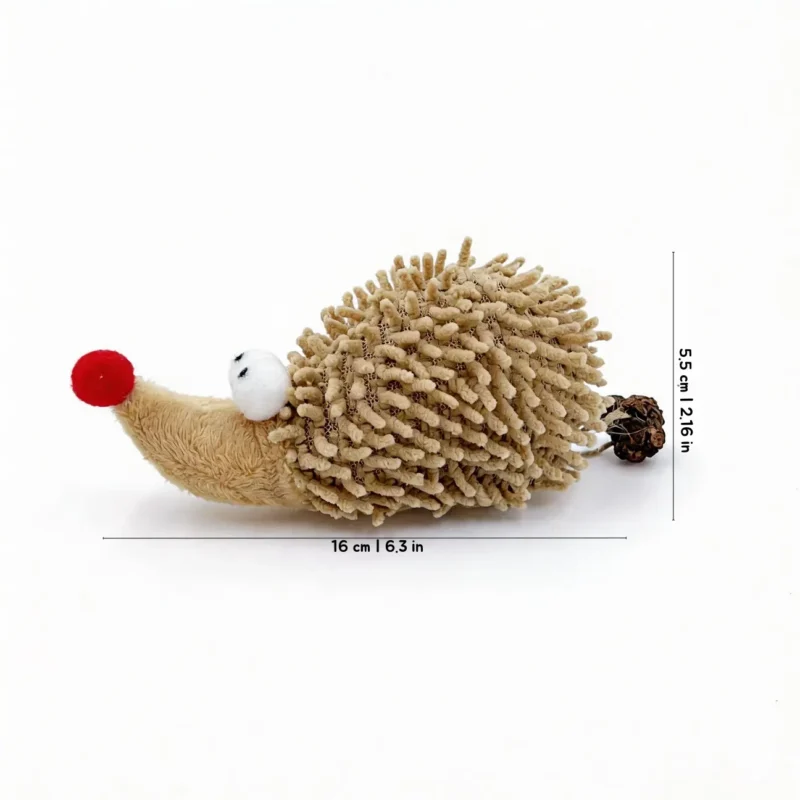 Chenille Hedgehog Cat Kicker Toy size guide showing 6.3 inch length and 2.16 inch height for cats