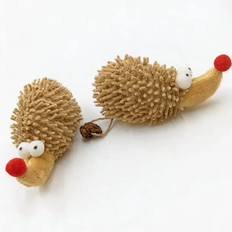 Chenille Hedgehog Cat Kicker Toy with soft plush body and textured hedgehog design on white background