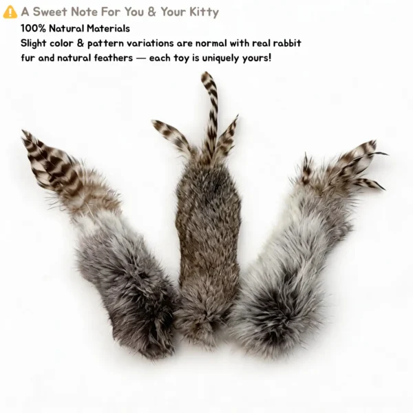 Chirp Bunny Scent Enrichment Cat Kicker Toy product note showing natural rabbit fur and feather variations with the message “A Sweet Note For You & Your Kitty.”